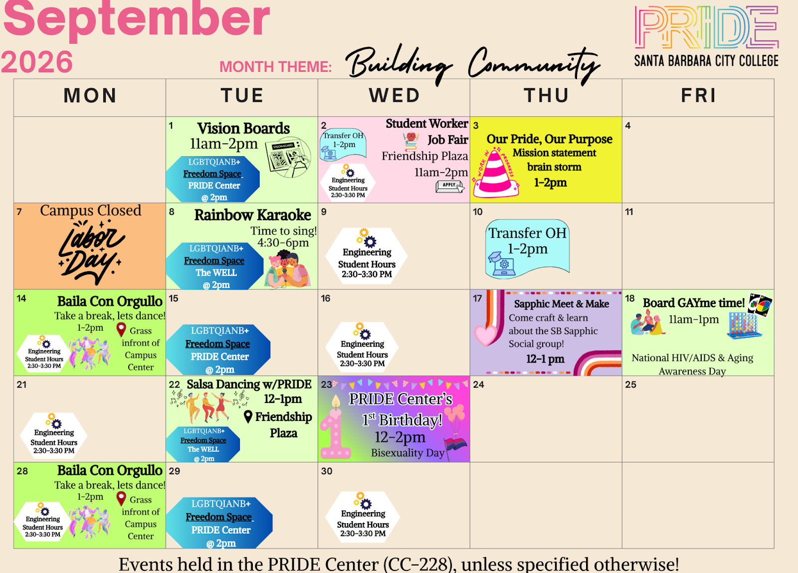 Pride Center September 2026 Calendar of Events